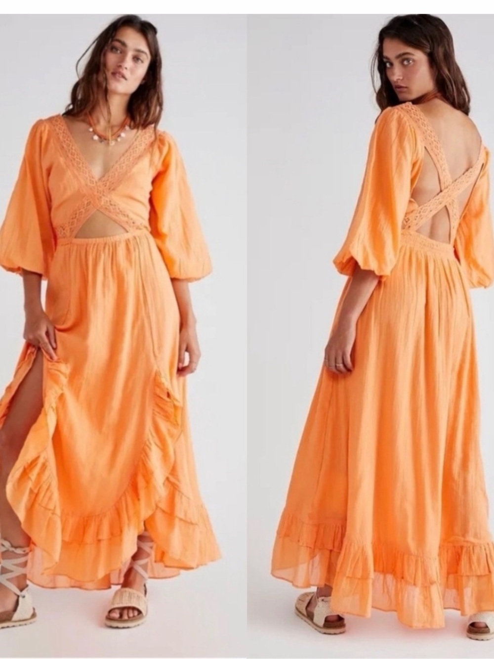 Anthropologie Peach-Orange Maxi Dress with Crochet Cutout
